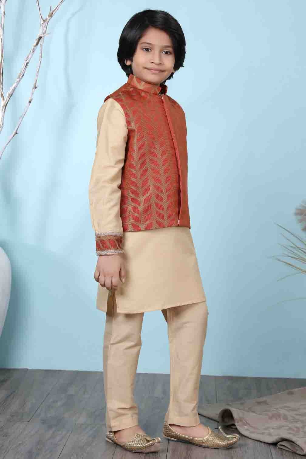 Beige and Rust Colour Cotton Silk Kurta Pajama With Jacket BW1070097 B