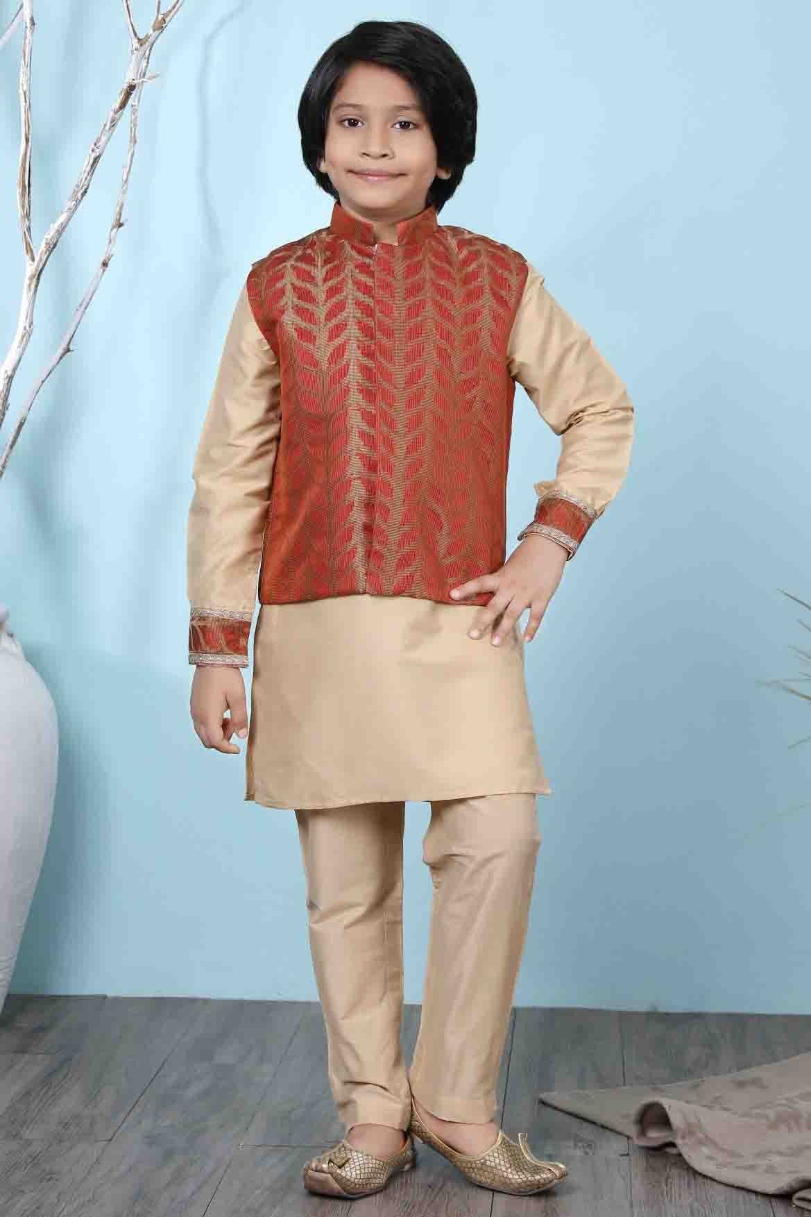 Beige and Rust Colour Cotton Silk Kurta Pajama With Jacket BW1070097