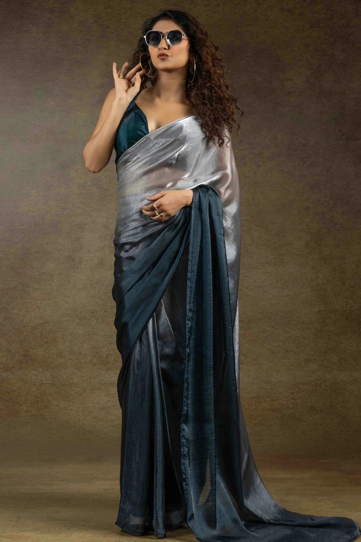 Beige and Teal Colour Fendi Satin Silk Ready To Wear Saree SD1122015