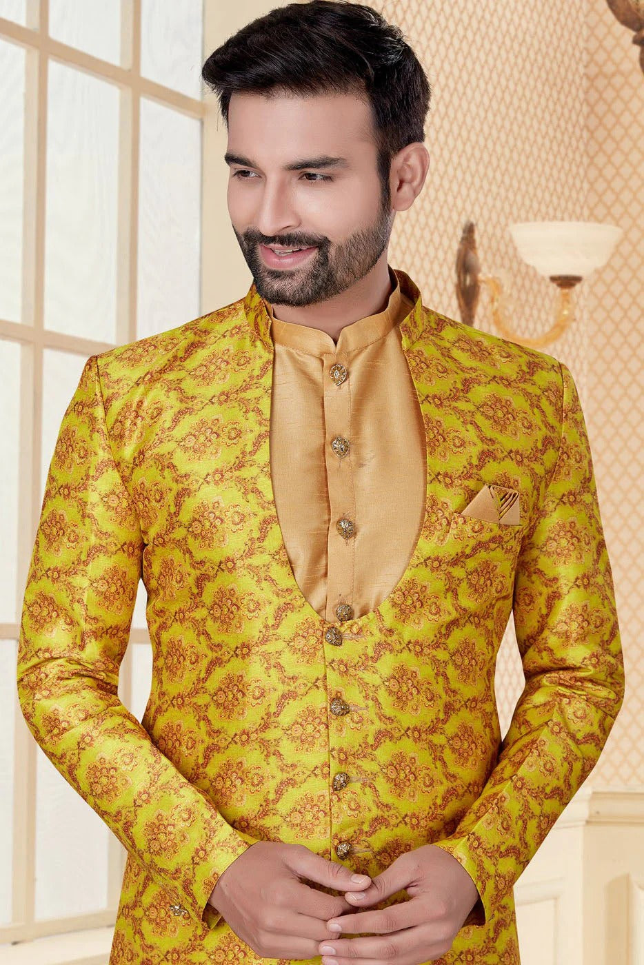 Beige and Yellow Colour Silk Dupion Indo Western SH1040249 A