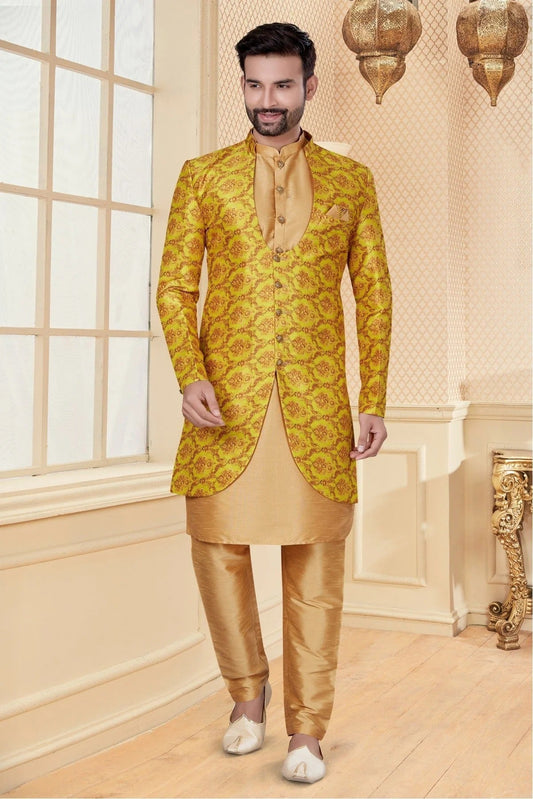 Beige and Yellow Colour Silk Dupion Indo Western SH1040249