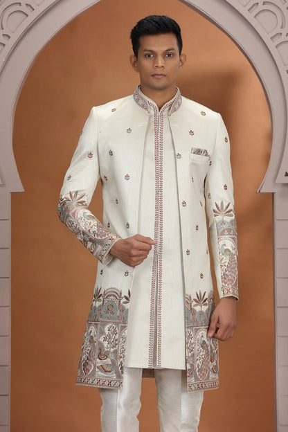 Beiige Colour Art Silk Embroidery 3 Pcs Indo Western