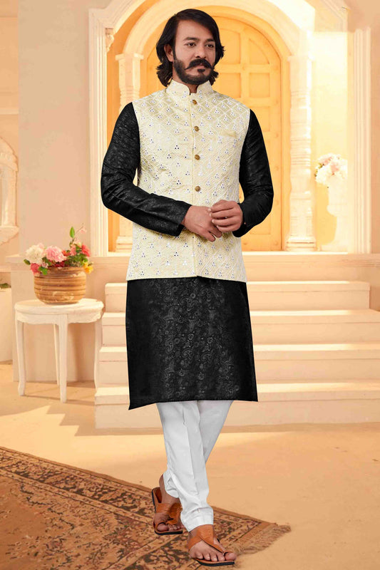 Black  Colour Kurta Pajama With Jacket In Art Silk KP1210375