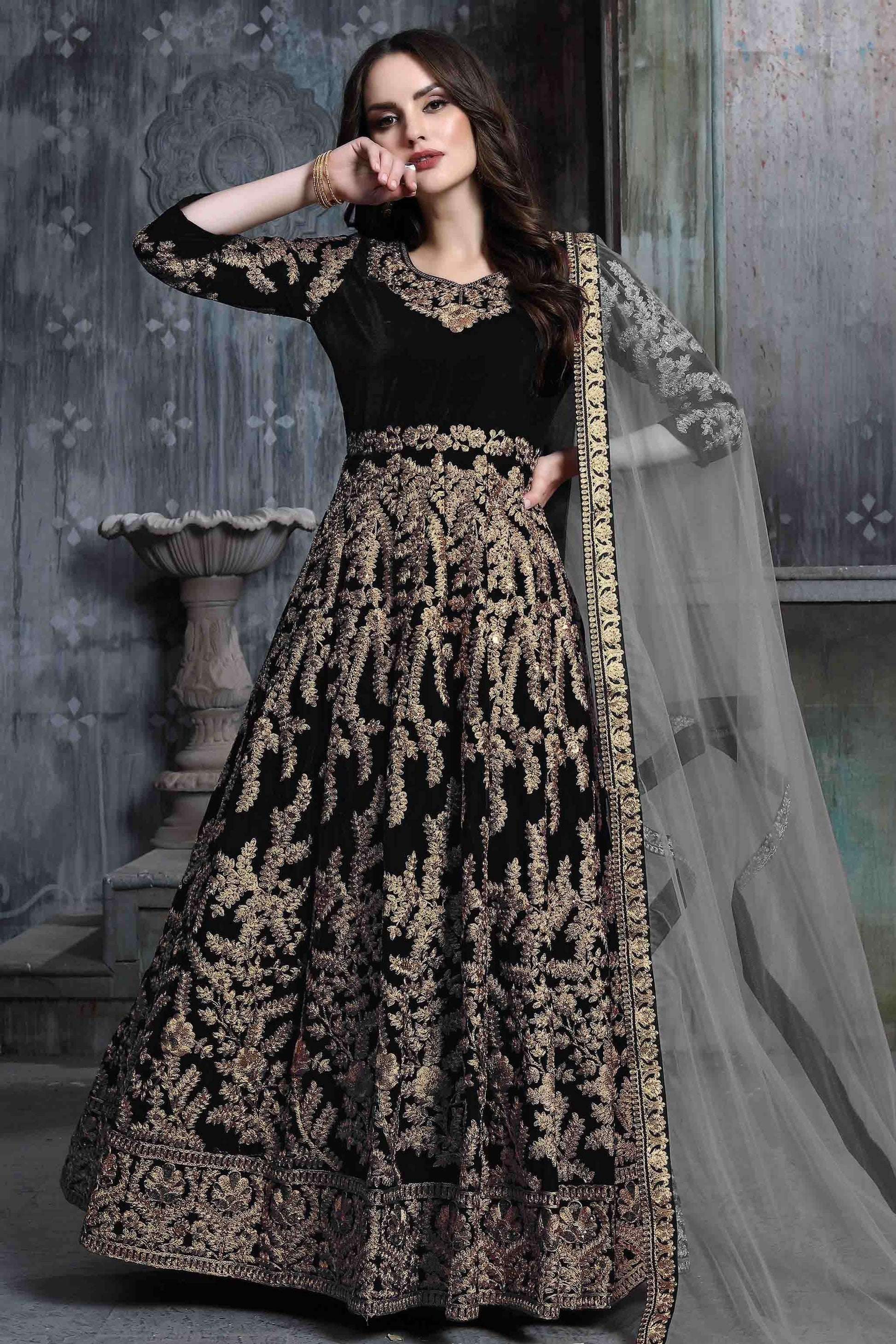 Black Colour 9000 Velvet Semi Stitched Anarkali Suit SM1050272