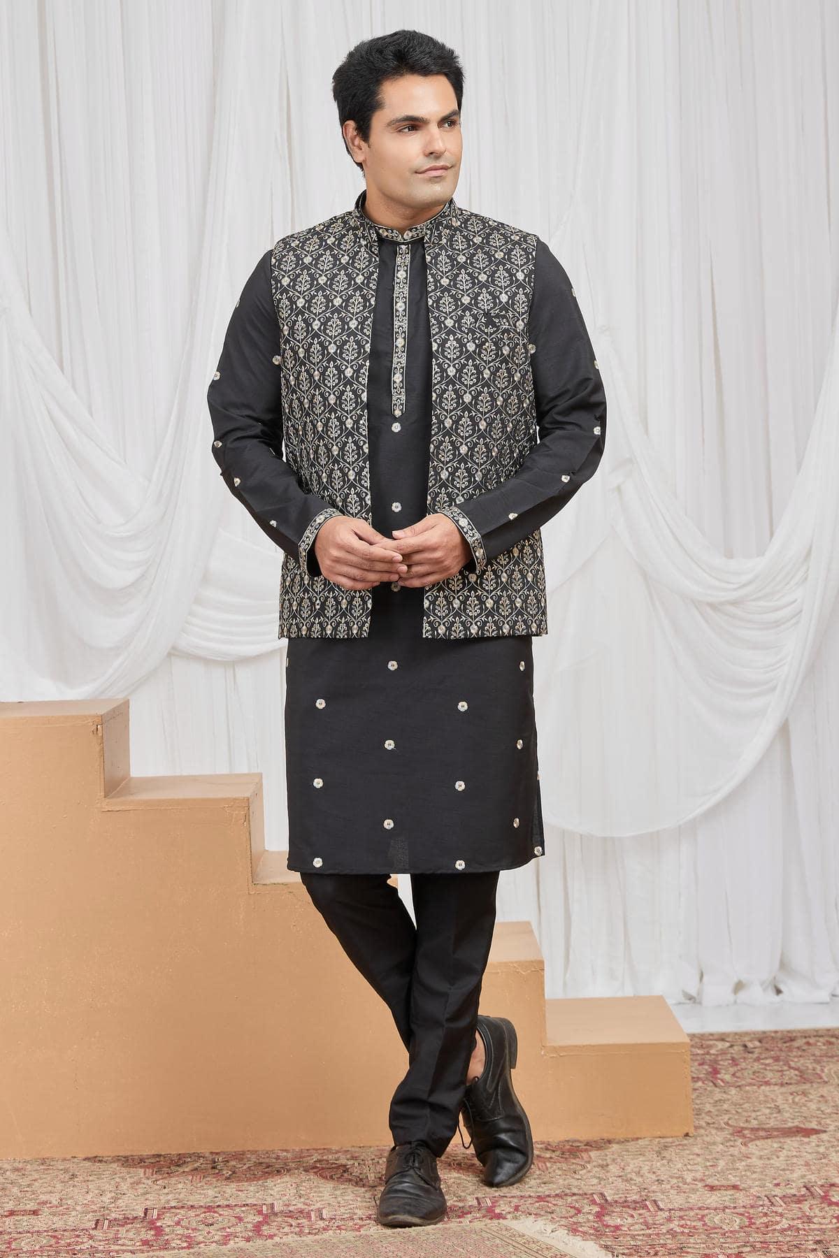 Black Colour Art Silk Embroidery Work 3 Pcs  Kurta Jacket Set KP1230609
