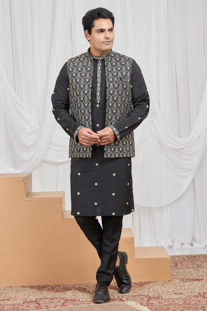 Black Colour Art Silk Embroidery Work 3 Pcs  Kurta Jacket Set KP1230609