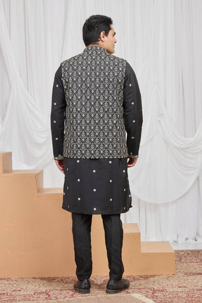 Black Colour Art Silk Embroidery Work 3 Pcs  Kurta Jacket Set KP1230609