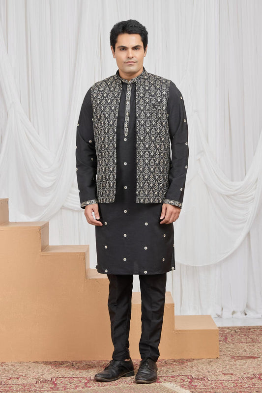 Black Colour Art Silk Embroidery Work 3 Pcs  Kurta Jacket Set KP1230609