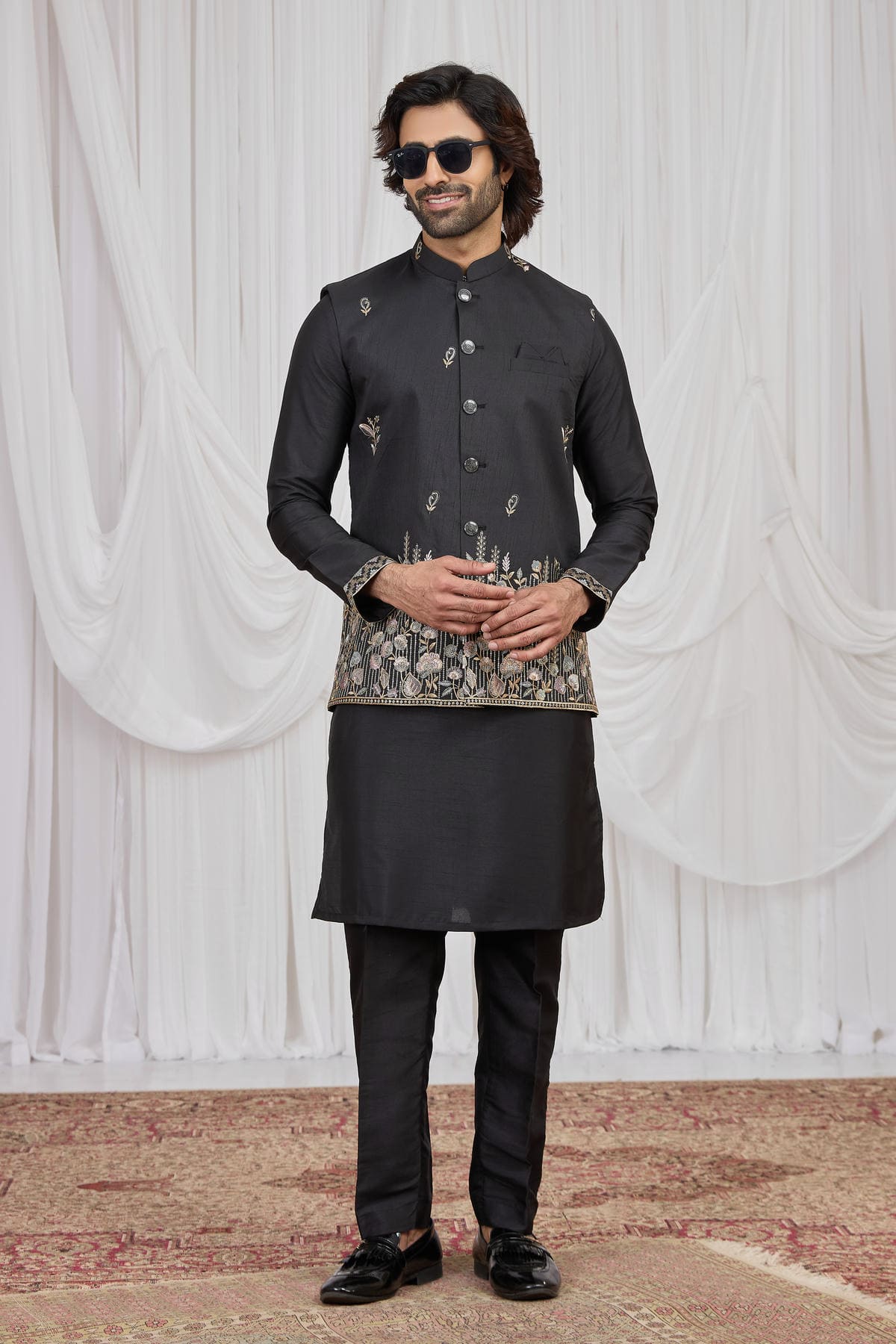 Black Colour Art Silk Embroidery Work 3 Pcs  Kurta Jacket Set KP1230613