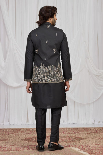 Black Colour Art Silk Embroidery Work 3 Pcs  Kurta Jacket Set KP1230613