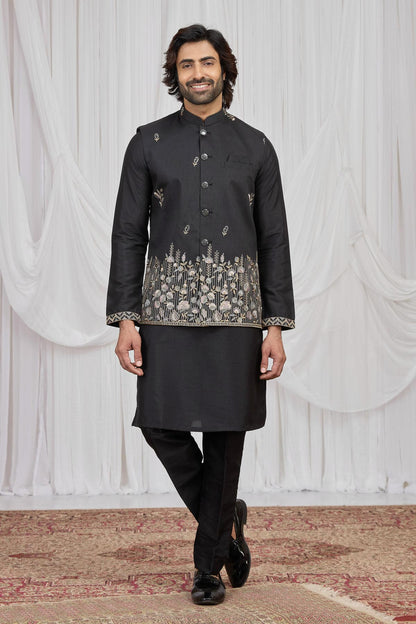 Black Colour Art Silk Embroidery Work 3 Pcs  Kurta Jacket Set KP1230613