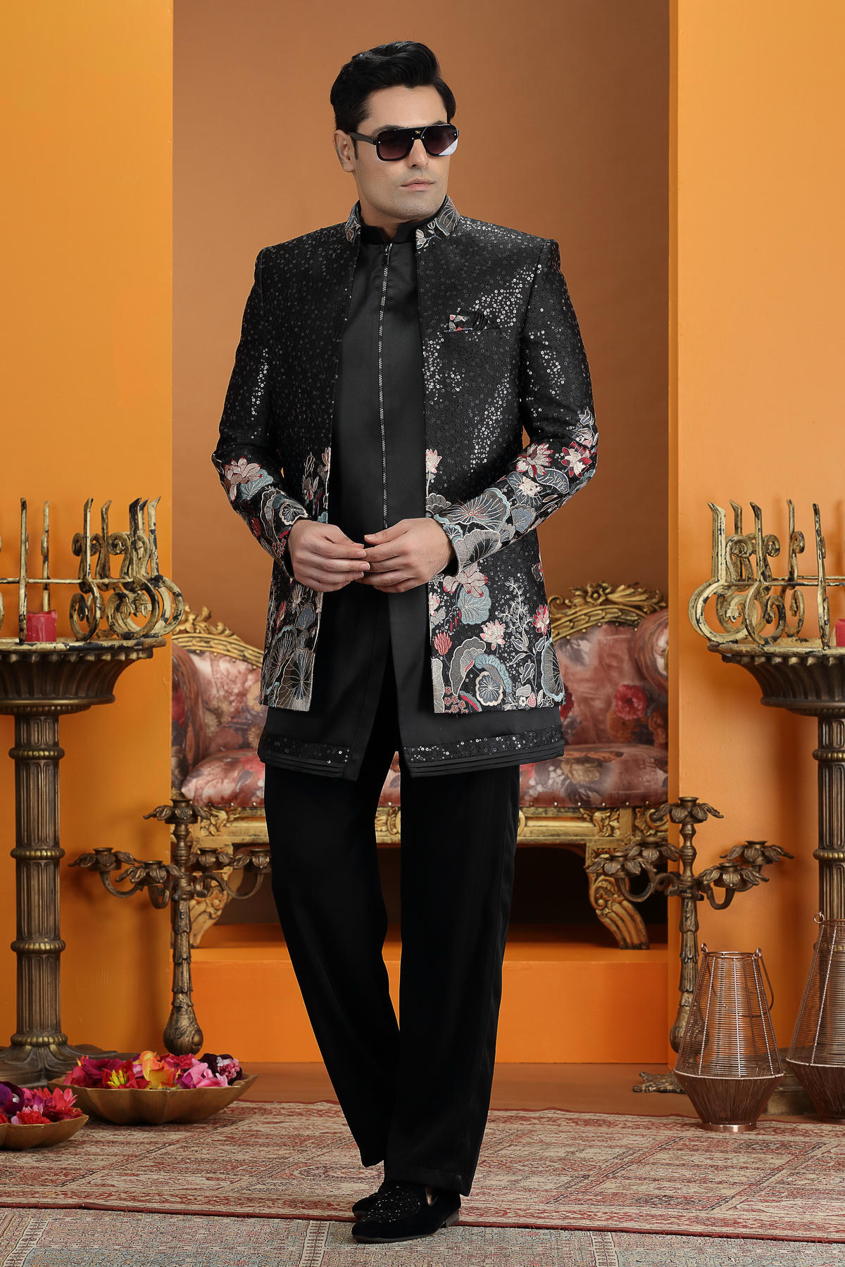 Black Colour Art Silk Embroidery Work 3 Pcs Jacket Set Sherwani