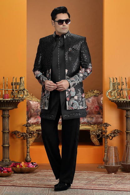 Black Colour Art Silk Embroidery Work 3 Pcs Jacket Set Sherwani