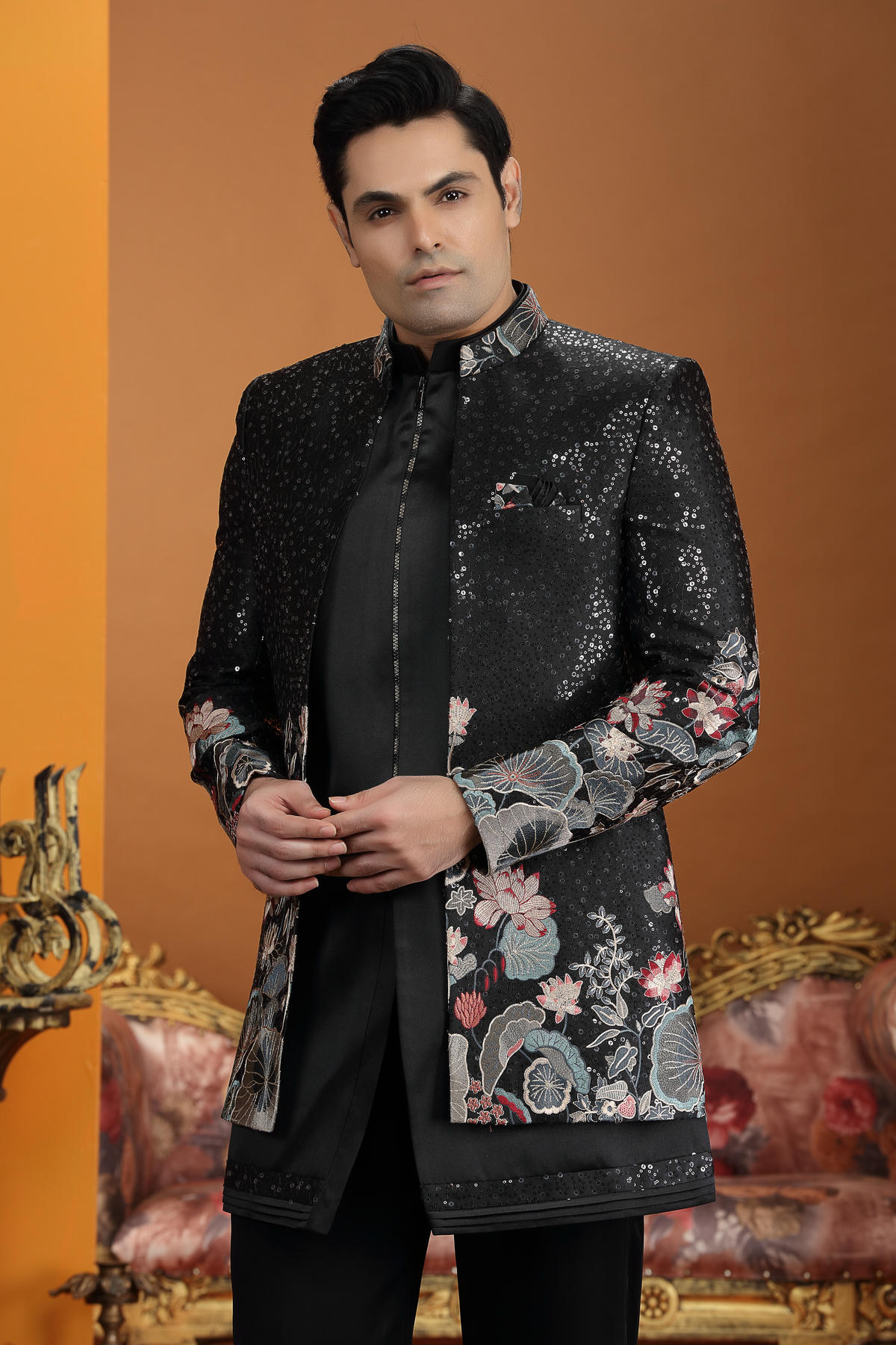 Black Colour Art Silk Embroidery Work 3 Pcs Jacket Set Sherwani