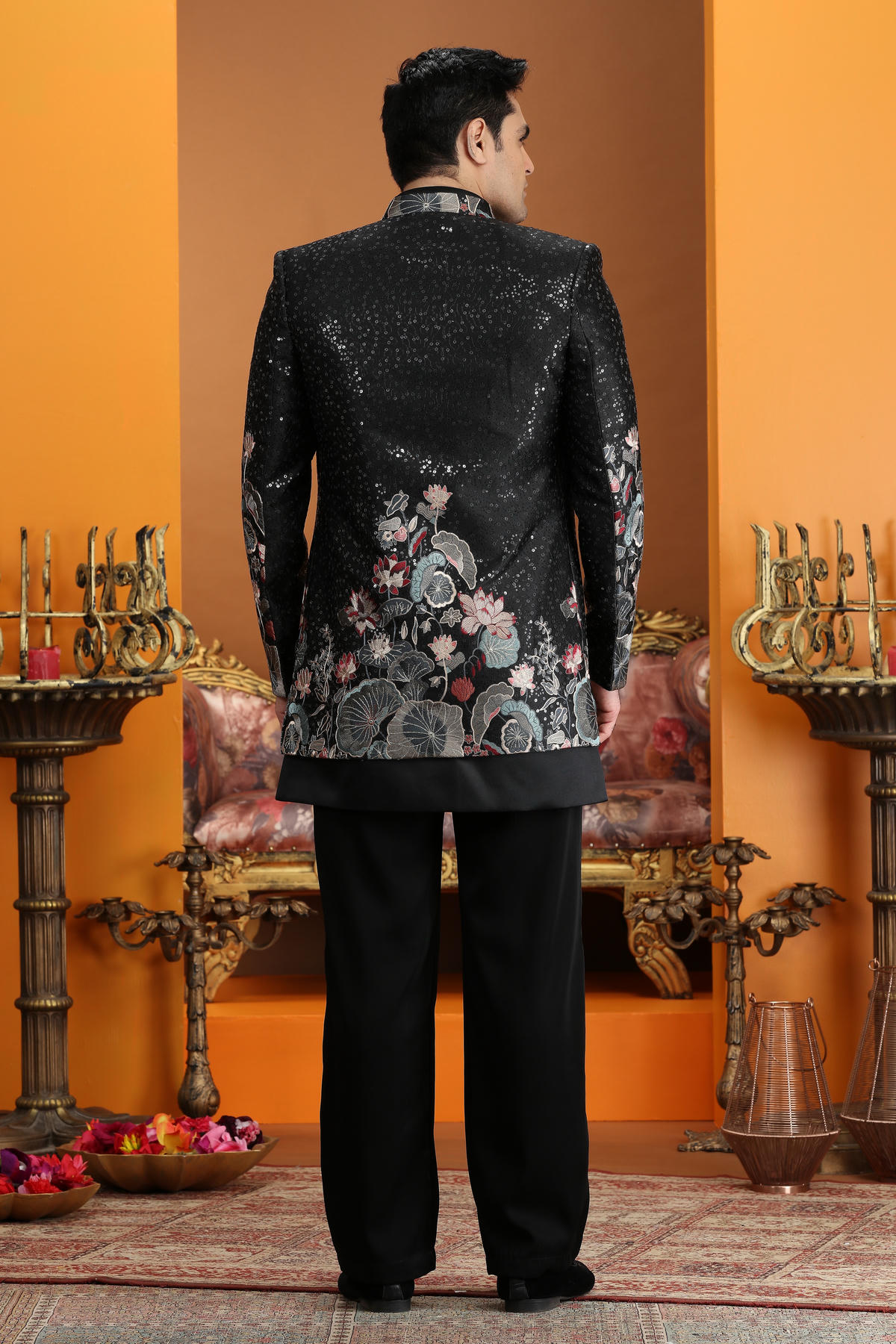 Black Colour Art Silk Embroidery Work 3 Pcs Jacket Set Sherwani