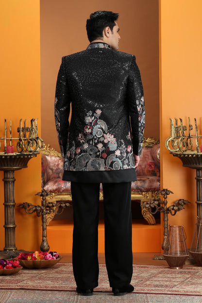 Black Colour Art Silk Embroidery Work 3 Pcs Jacket Set Sherwani