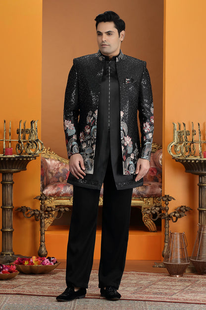 Black Colour Art Silk Embroidery Work 3 Pcs Jacket Set Sherwani