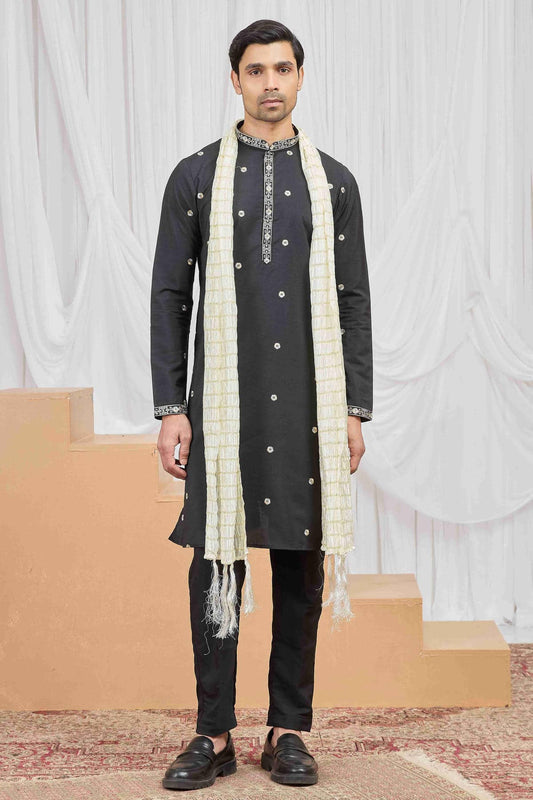 Black Colour Art Silk Embroidery Work Kurta Pajama With Dupatta