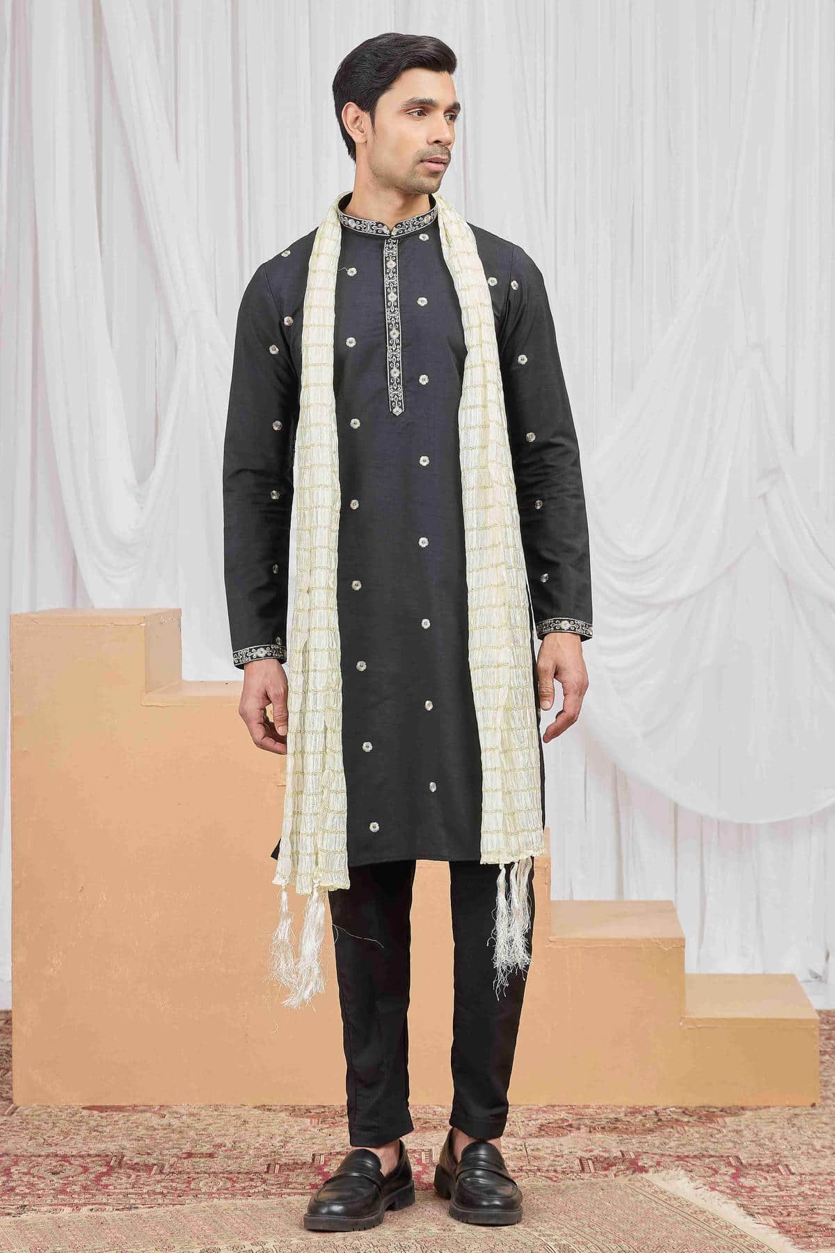Black Colour Art Silk Embroidery Work Kurta Pajama With Dupatta