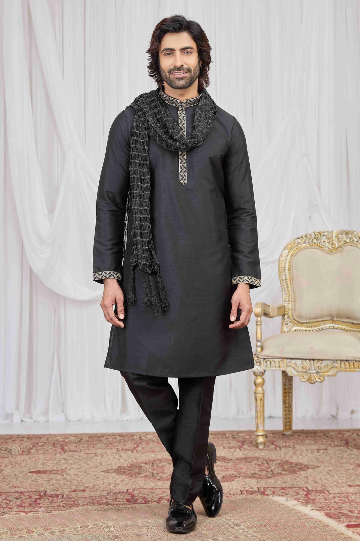 Black Colour Art Silk Embroidery Work Kurta Pajama With Dupatta