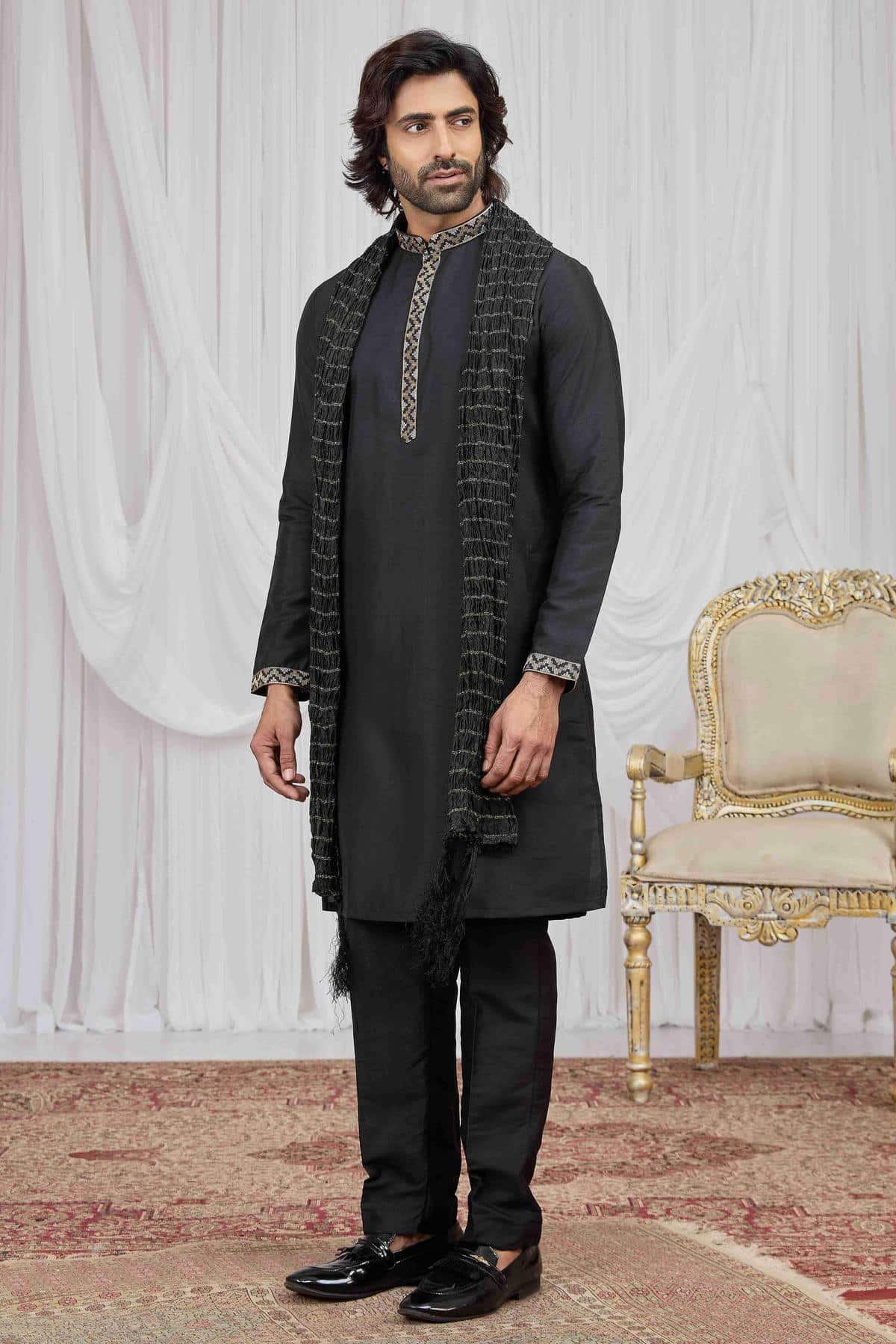 Black Colour Art Silk Embroidery Work Kurta Pajama With Dupatta