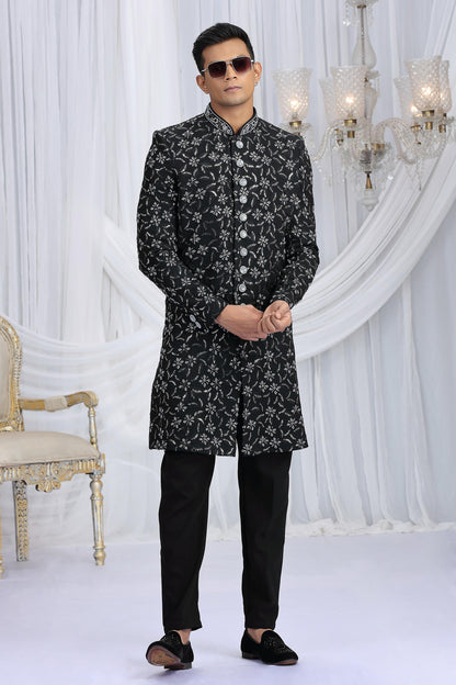 Black Colour Art Silk Embroidery Work Sherwani