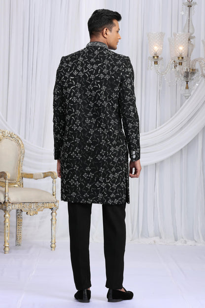 Black Colour Art Silk Embroidery Work Sherwani