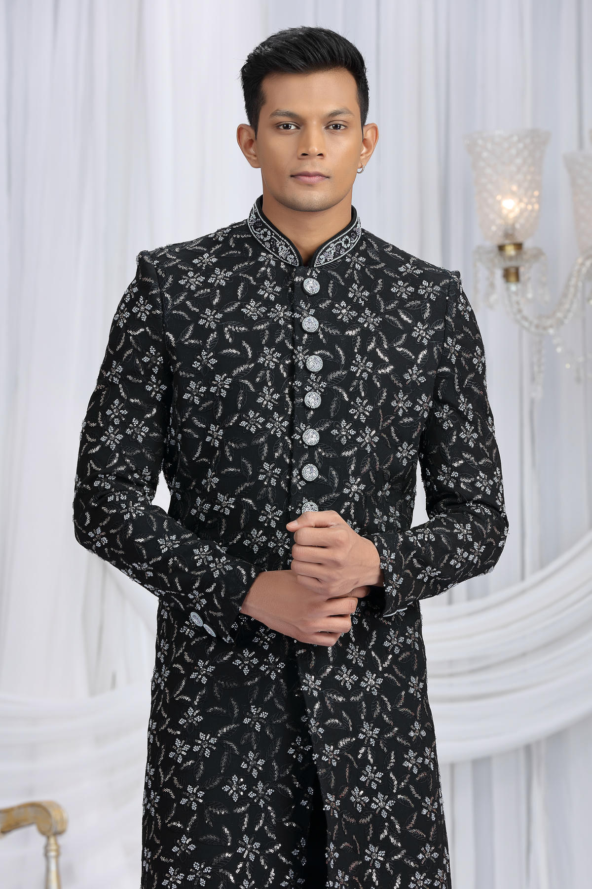Black Colour Art Silk Embroidery Work Sherwani