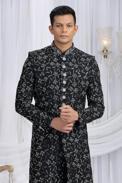 Black Colour Art Silk Embroidery Work Sherwani