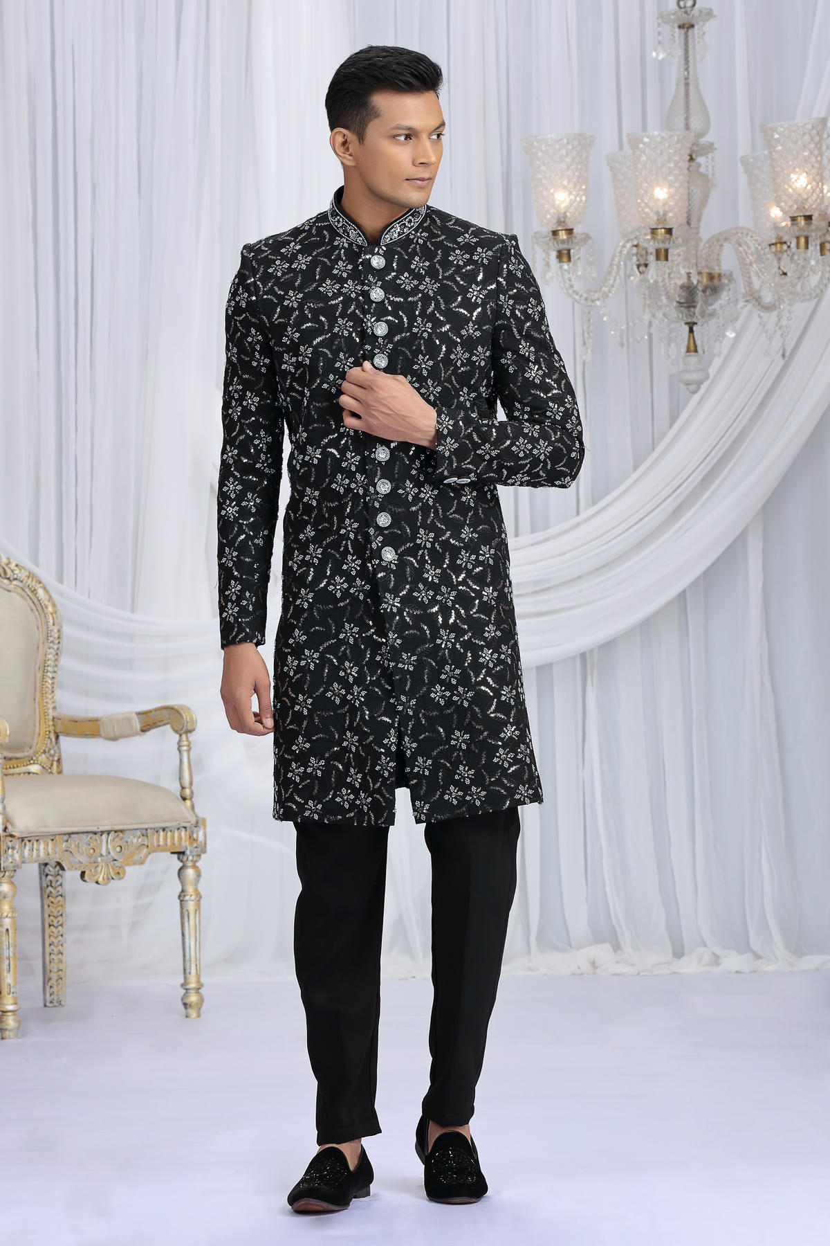 Black Colour Art Silk Embroidery Work Sherwani