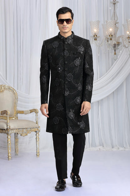 Black Colour Art Silk Embroidery Work Sherwani