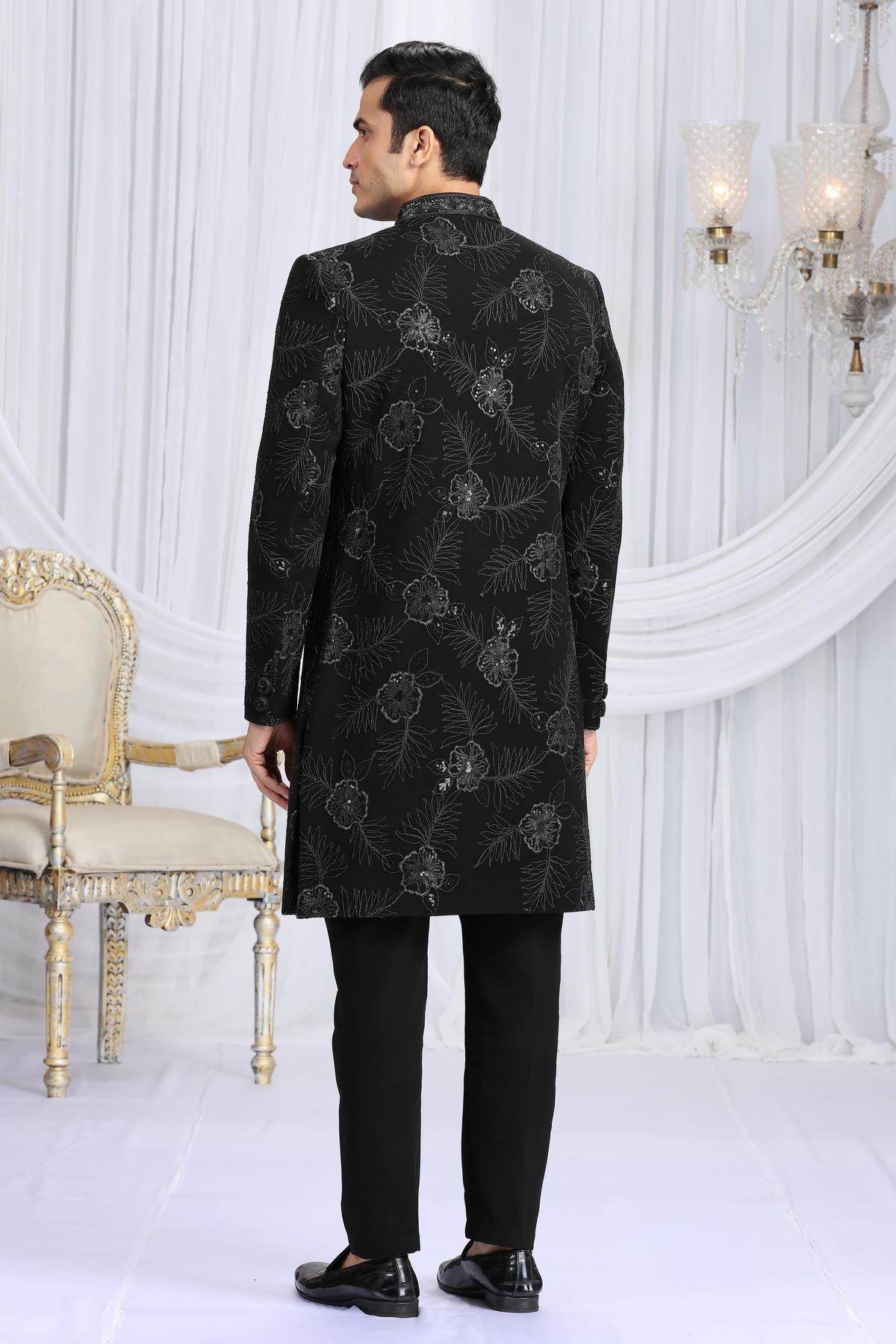 Black Colour Art Silk Embroidery Work Sherwani