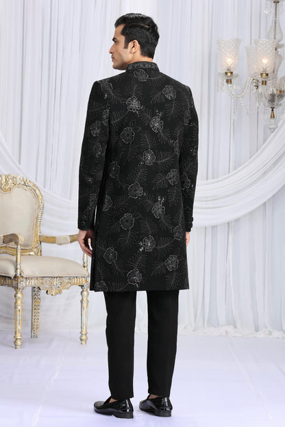 Black Colour Art Silk Embroidery Work Sherwani