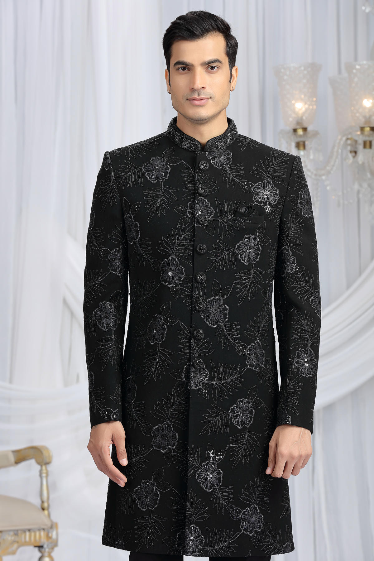 Black Colour Art Silk Embroidery Work Sherwani