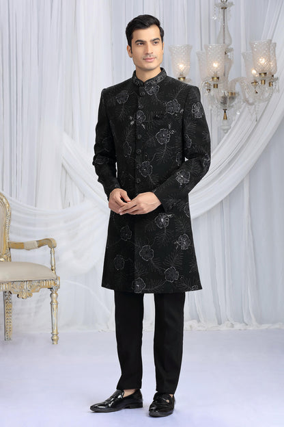 Black Colour Art Silk Embroidery Work Sherwani