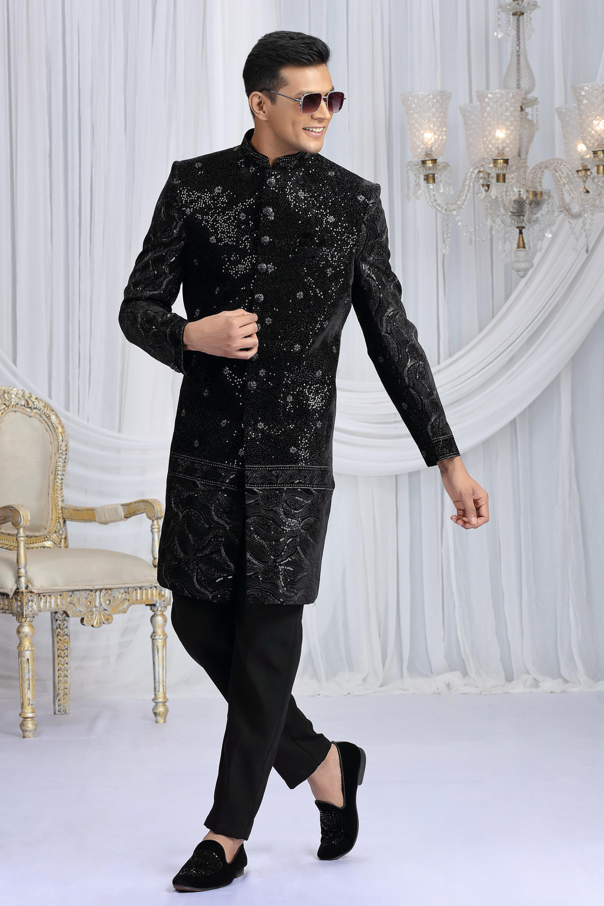 Black Colour Art Silk Embroidery Work Sherwani