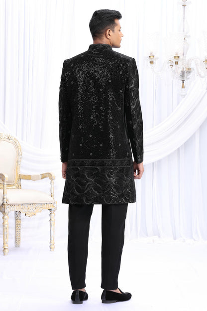 Black Colour Art Silk Embroidery Work Sherwani