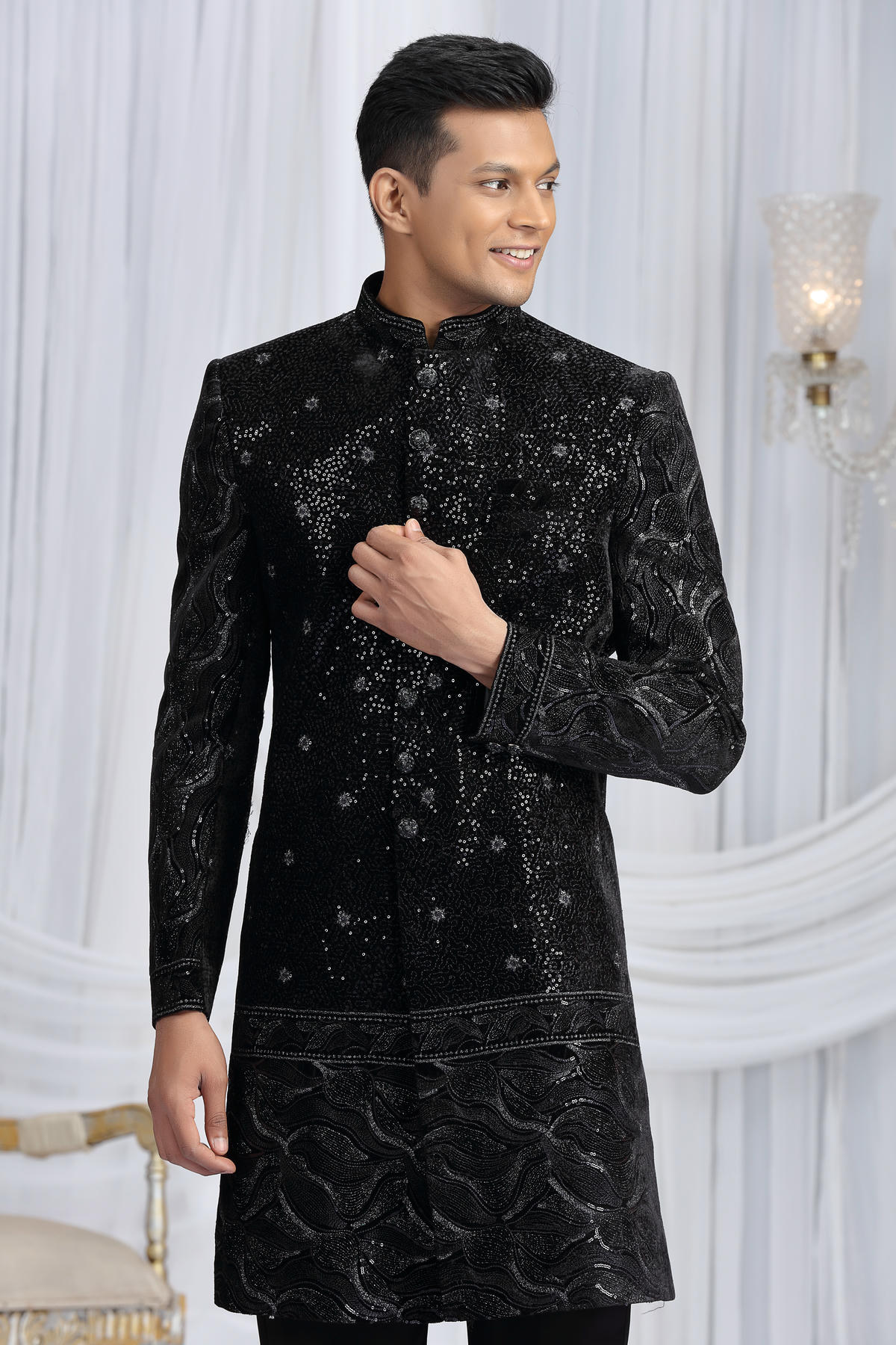 Black Colour Art Silk Embroidery Work Sherwani