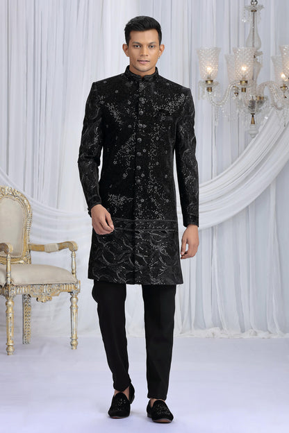 Black Colour Art Silk Embroidery Work Sherwani
