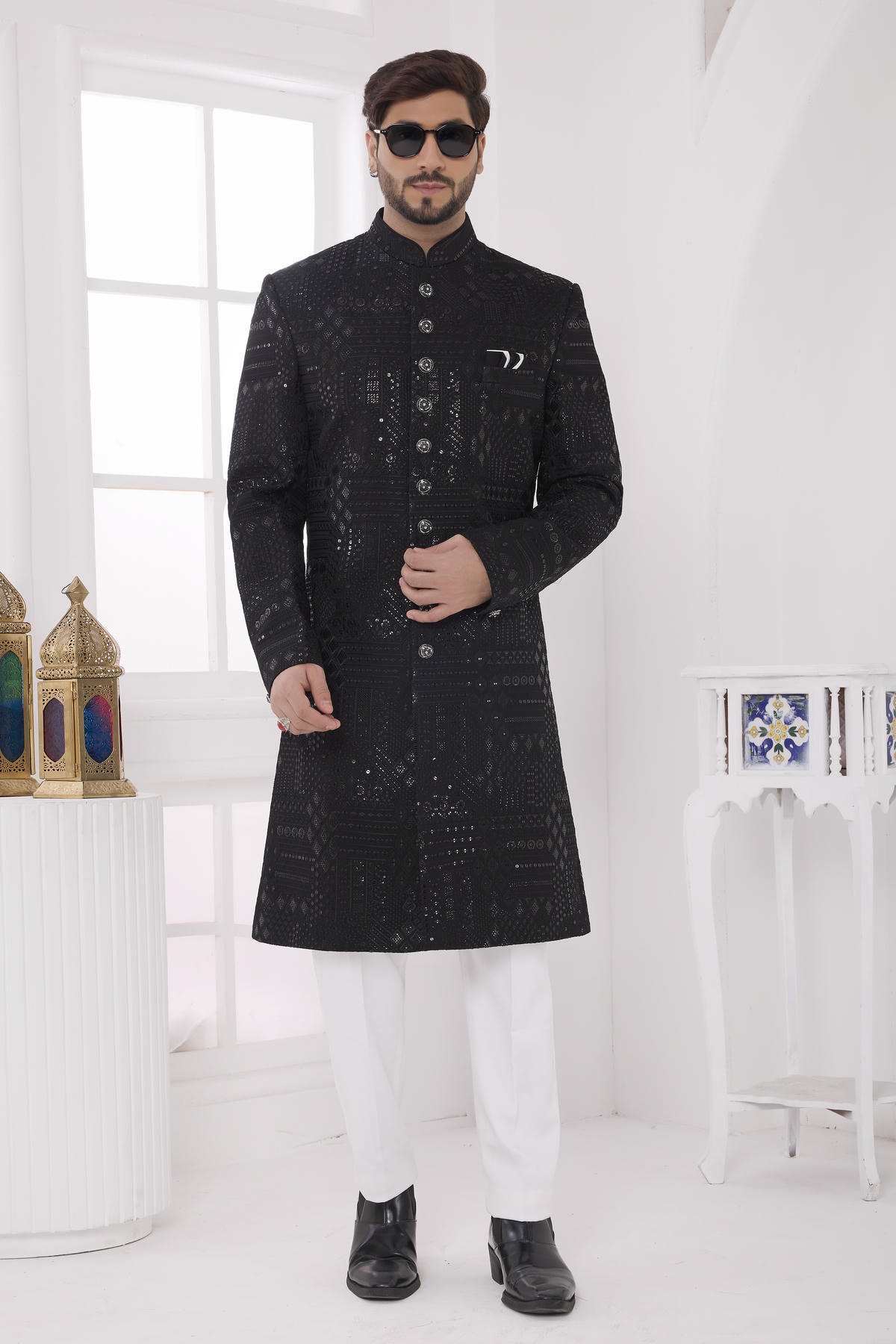 Black Colour Art Silk Embroidery Work Sherwani