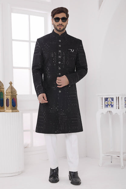 Black Colour Art Silk Embroidery Work Sherwani