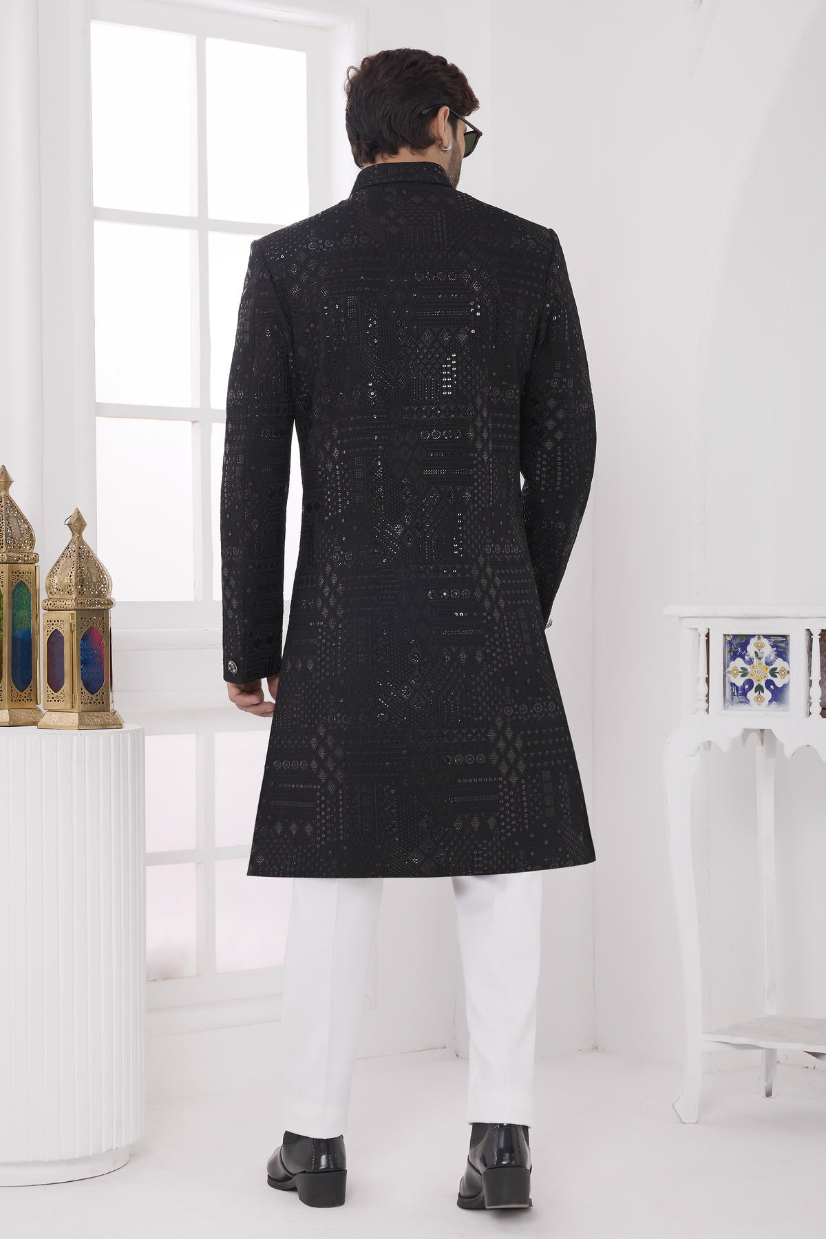 Black Colour Art Silk Embroidery Work Sherwani