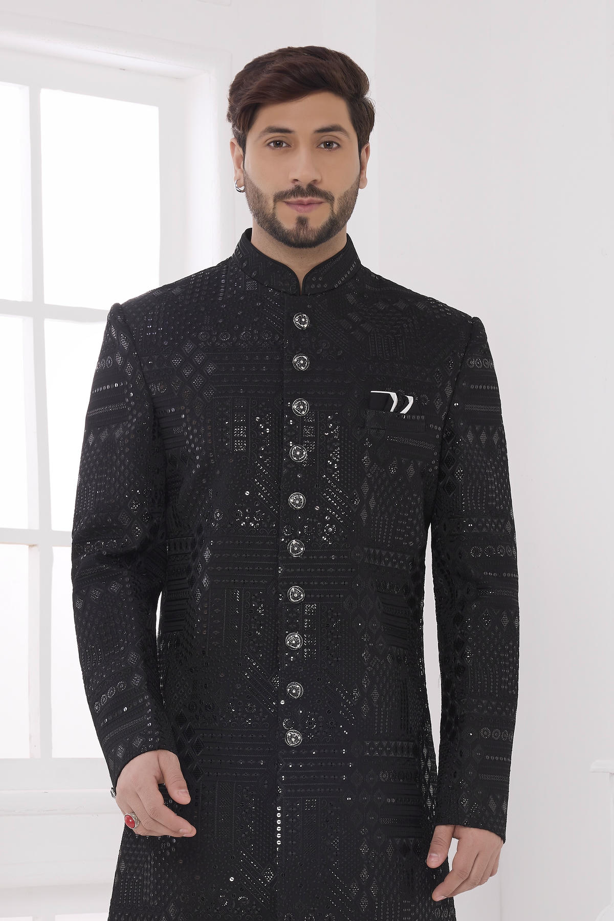 Black Colour Art Silk Embroidery Work Sherwani