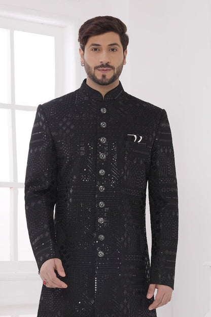 Black Colour Art Silk Embroidery Work Sherwani