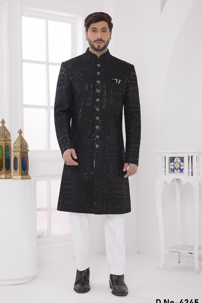 Black Colour Art Silk Embroidery Work Sherwani