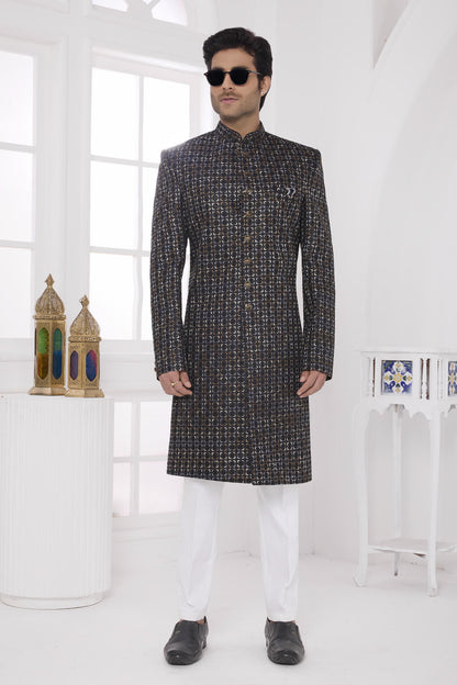 Black Colour Art Silk Embroidery Work Sherwani