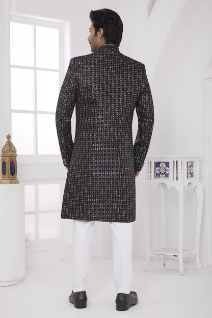 Black Colour Art Silk Embroidery Work Sherwani