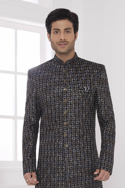 Black Colour Art Silk Embroidery Work Sherwani