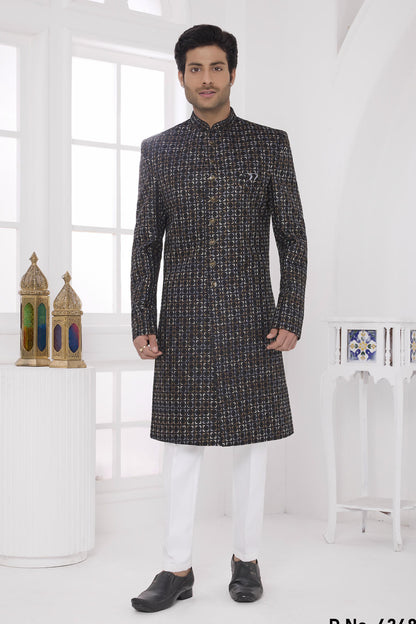 Black Colour Art Silk Embroidery Work Sherwani
