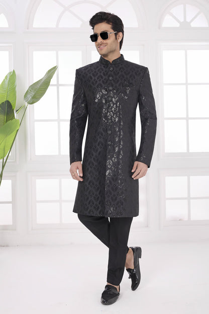 Black Colour Art Silk Embroidery Work Sherwani